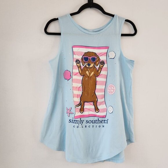 Simply Southern Blue Tank Top Tee T-Shirt Beachy Dog Nautical Women's L - Picture 1 of 4